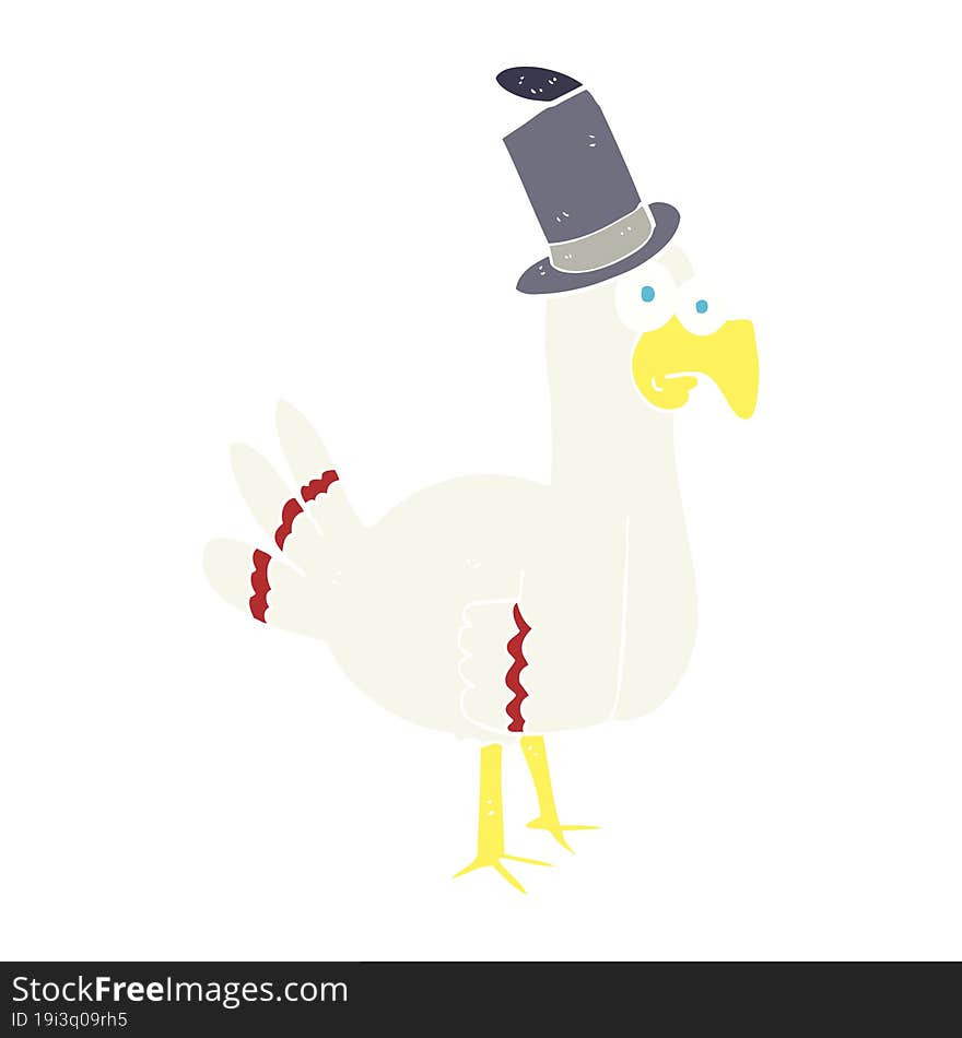 Flat Color Illustration Of A Cartoon Bird Wearing Top Hat