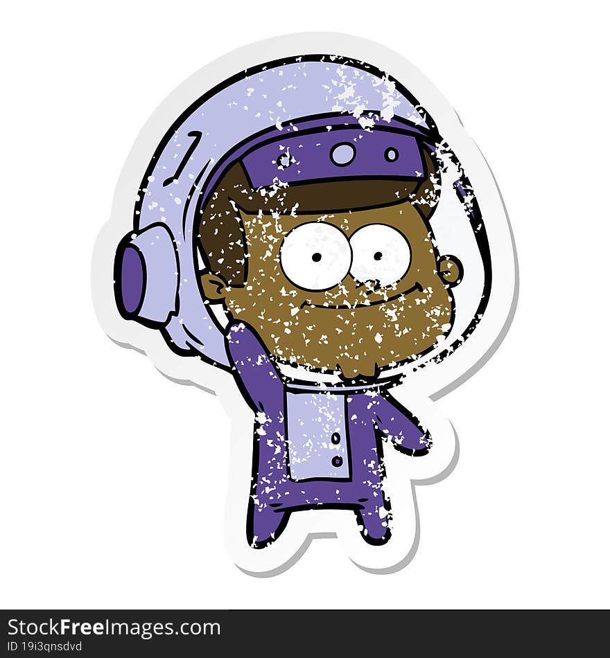 distressed sticker of a happy astronaut cartoon