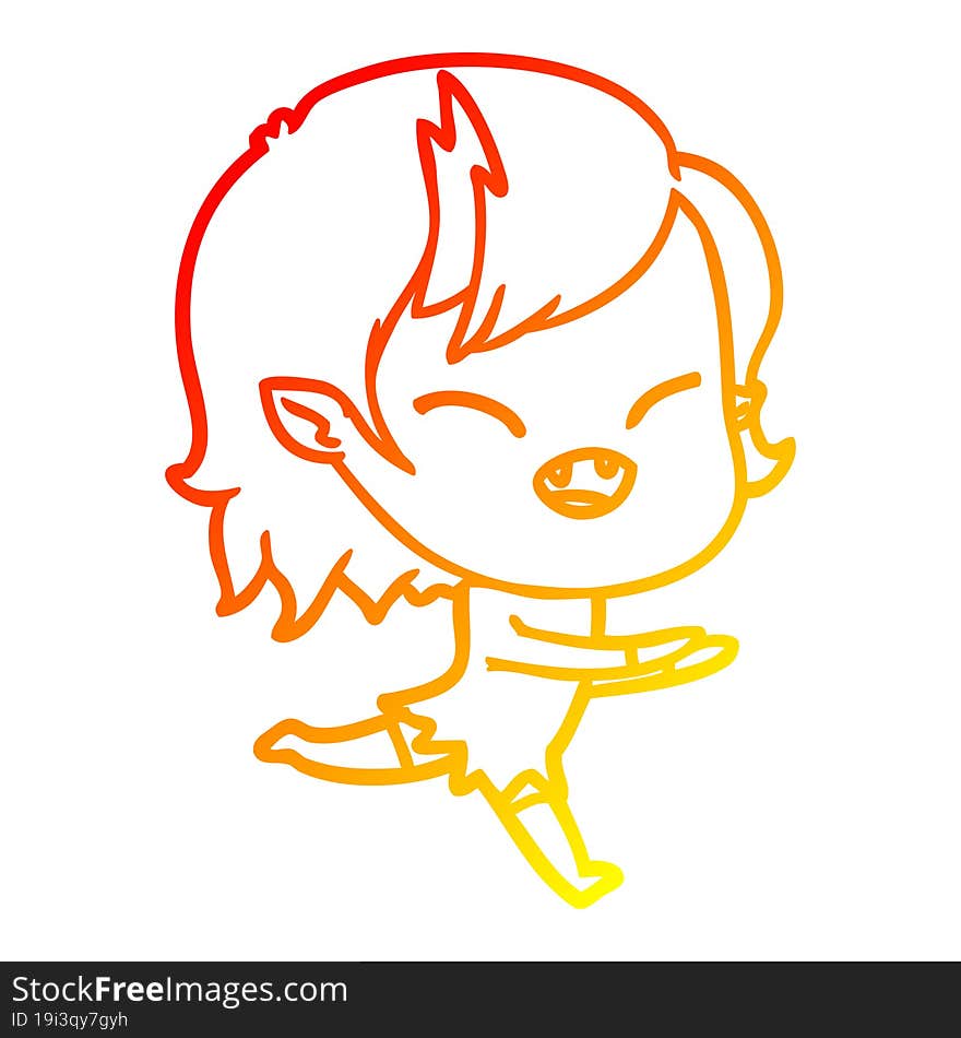 warm gradient line drawing of a cartoon laughing vampire girl running