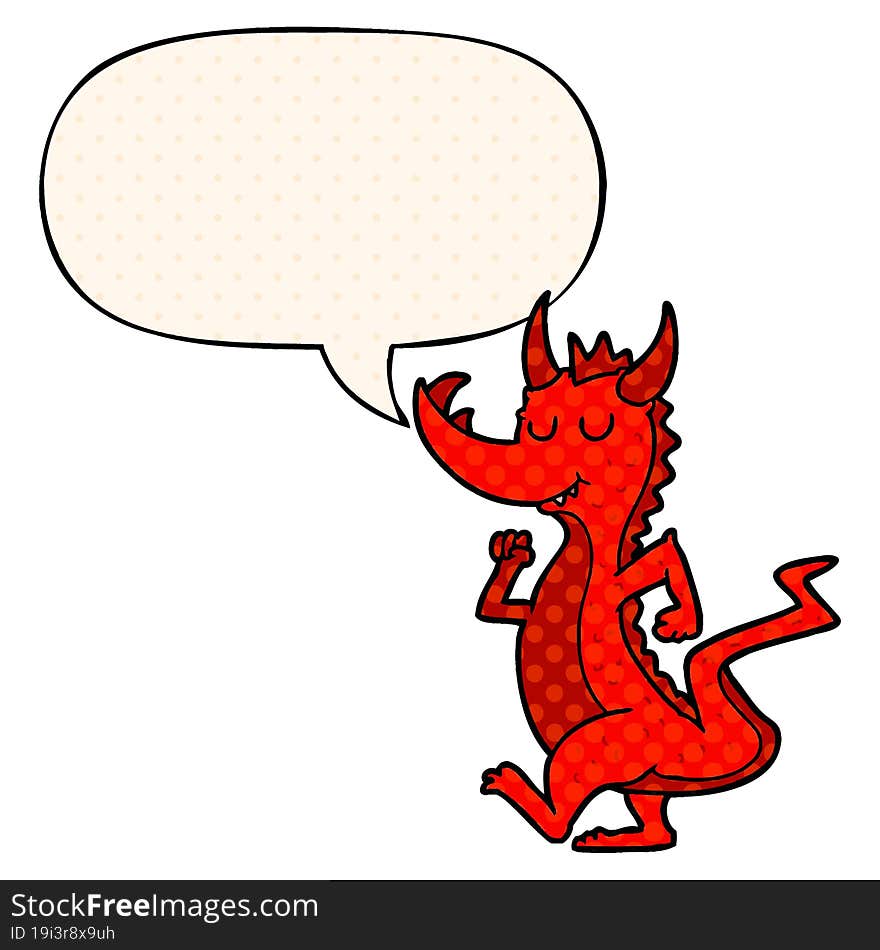 cartoon cute dragon with speech bubble in comic book style