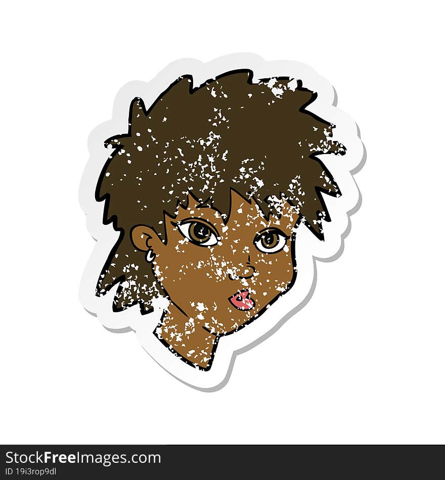 retro distressed sticker of a cartoon curious girl