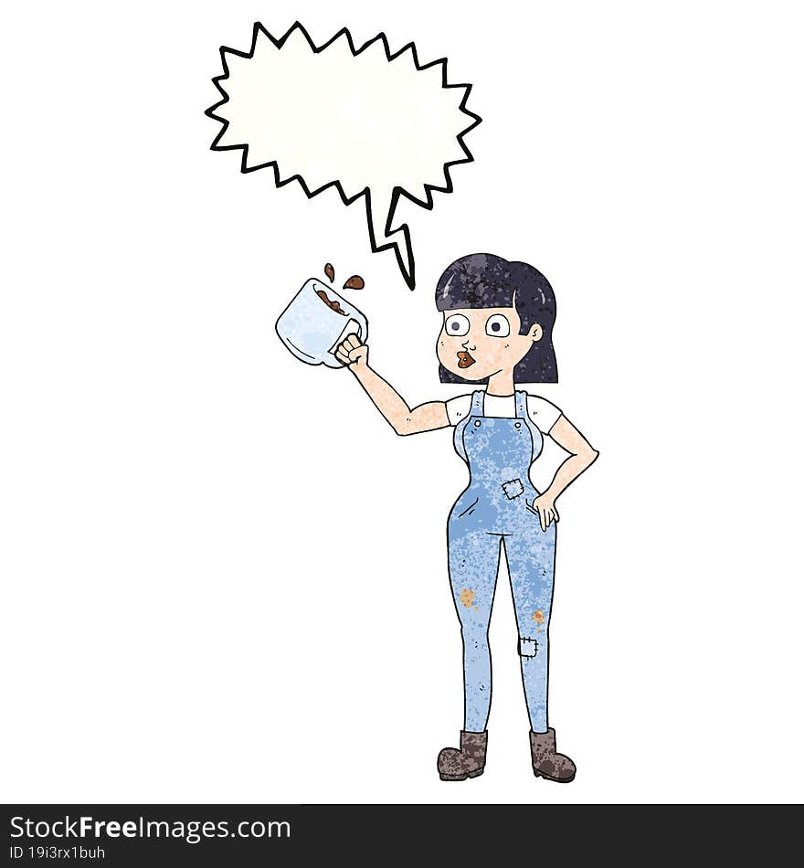 Speech Bubble Textured Cartoon Female Worker With Coffee Mug