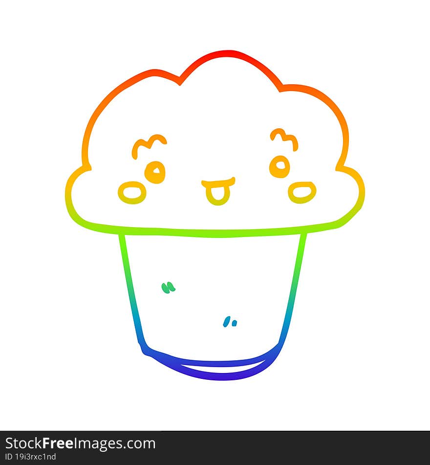 Rainbow Gradient Line Drawing Cartoon Cupcake With Face