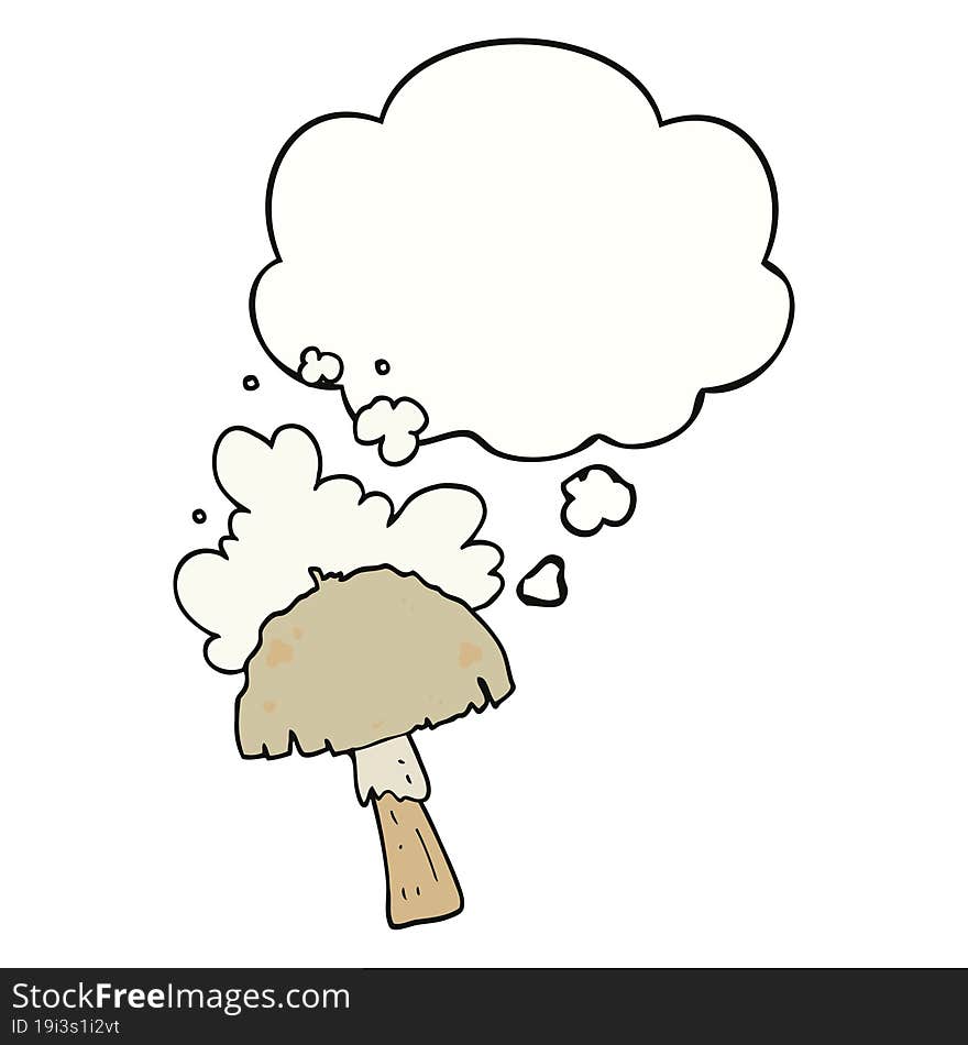 cartoon mushroom with spore cloud with thought bubble