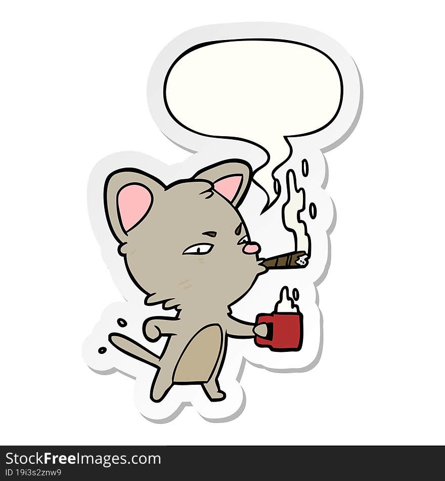 cartoon serious business cat and coffee and cigar and speech bubble sticker