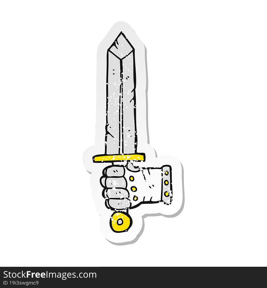 retro distressed sticker of a cartoon hand holding sword