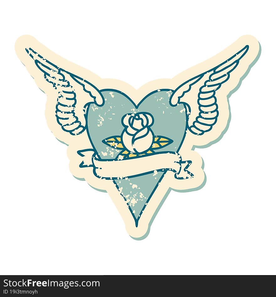 iconic distressed sticker tattoo style image of a flying heart with flowers and banner. iconic distressed sticker tattoo style image of a flying heart with flowers and banner