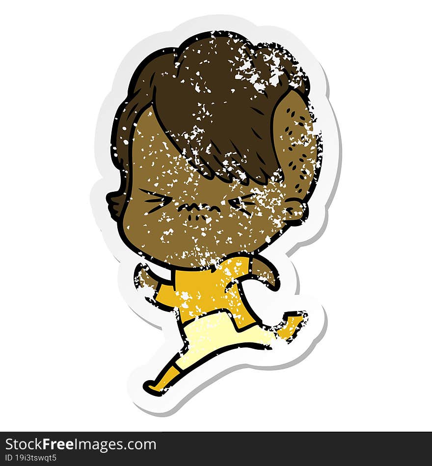 distressed sticker of a cartoon annoyed hipster girl