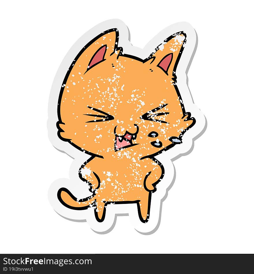 distressed sticker of a cartoon cat hissing