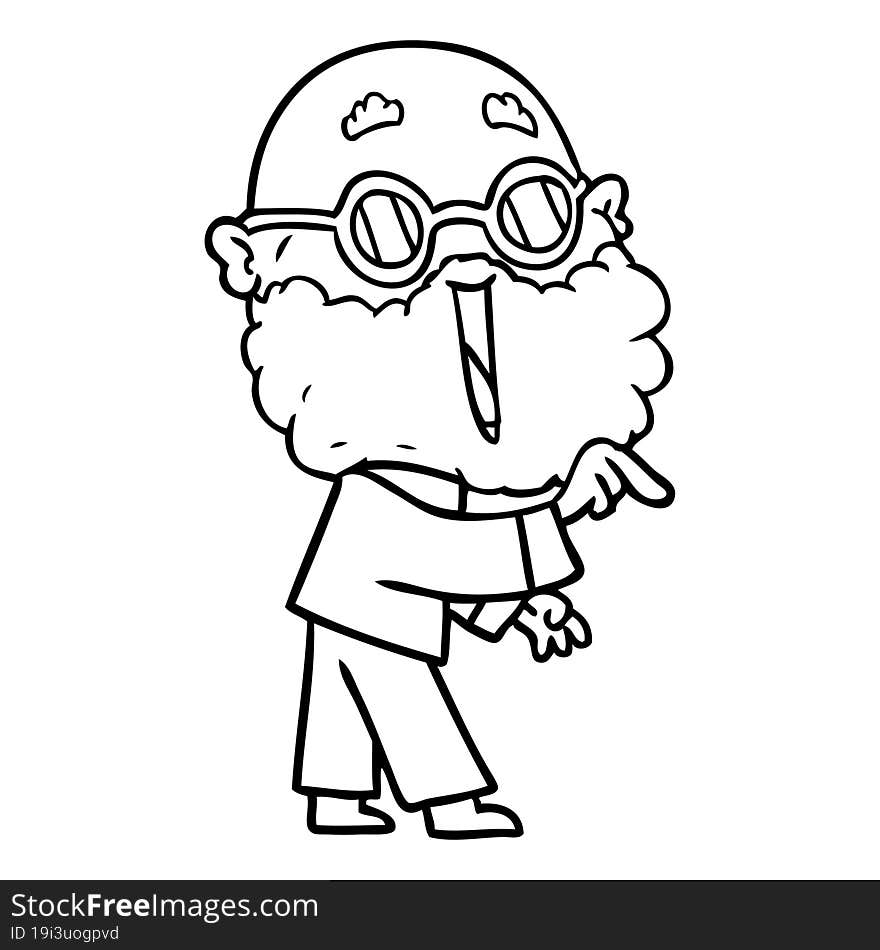 cartoon joyful man with beard pointing finger. cartoon joyful man with beard pointing finger