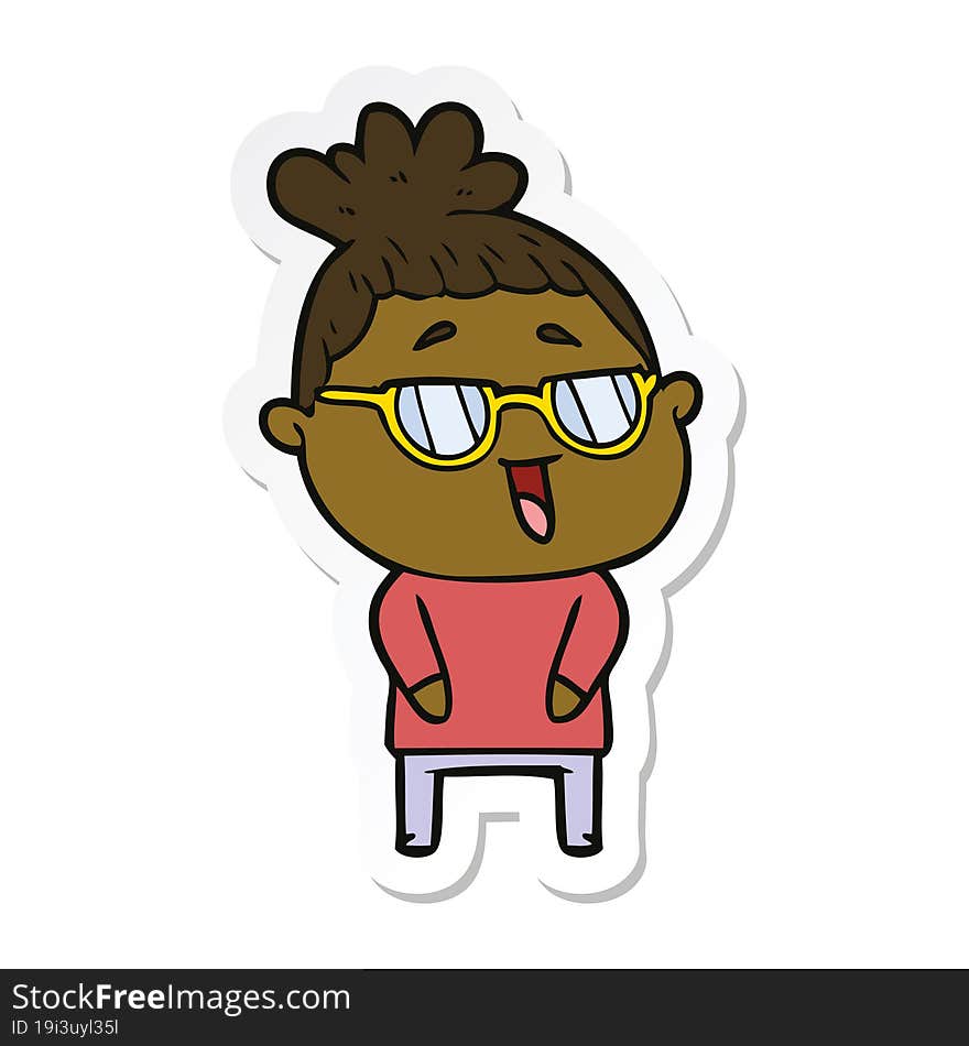 sticker of a cartoon happy woman wearing spectacles