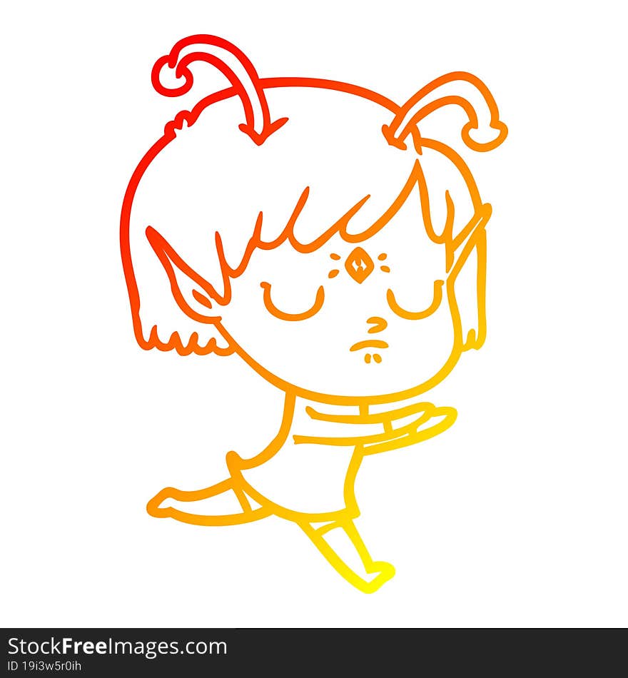 warm gradient line drawing of a cartoon alien girl