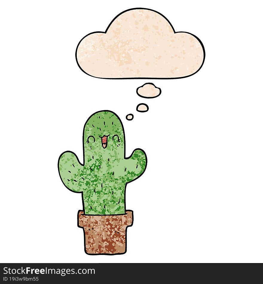 Cartoon Cactus And Thought Bubble In Grunge Texture Pattern Style