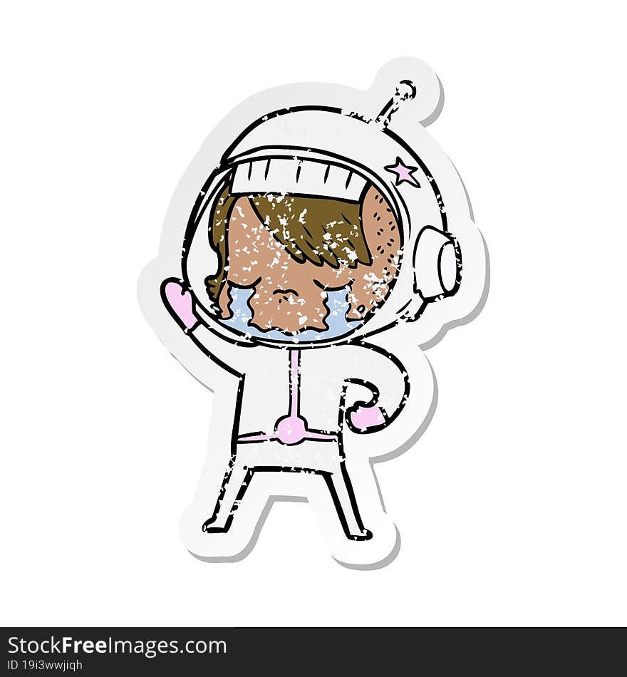 distressed sticker of a cartoon crying astronaut girl