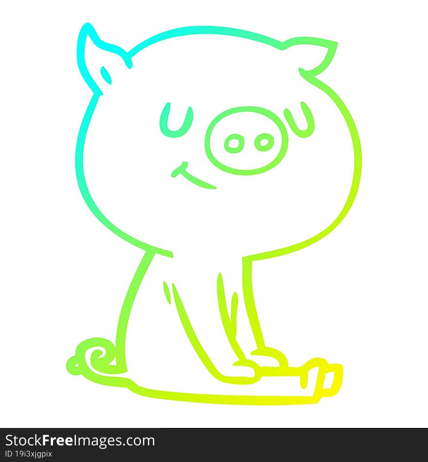 cold gradient line drawing happy cartoon pig sitting