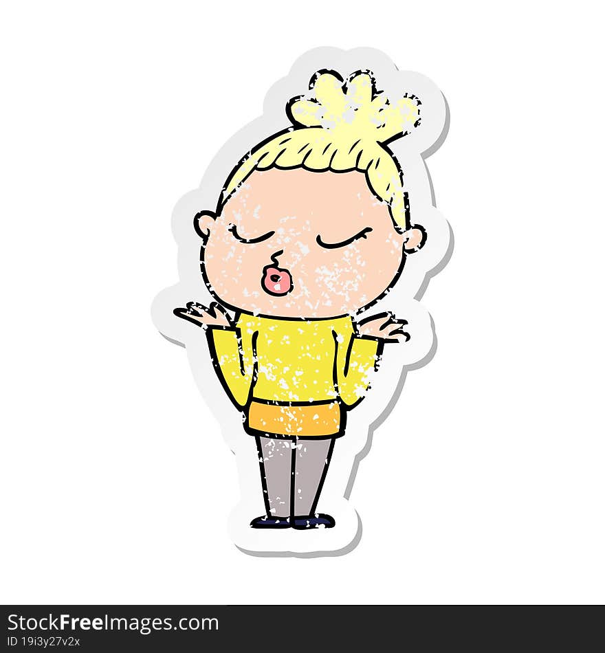 Distressed Sticker Of A Cartoon Calm Woman