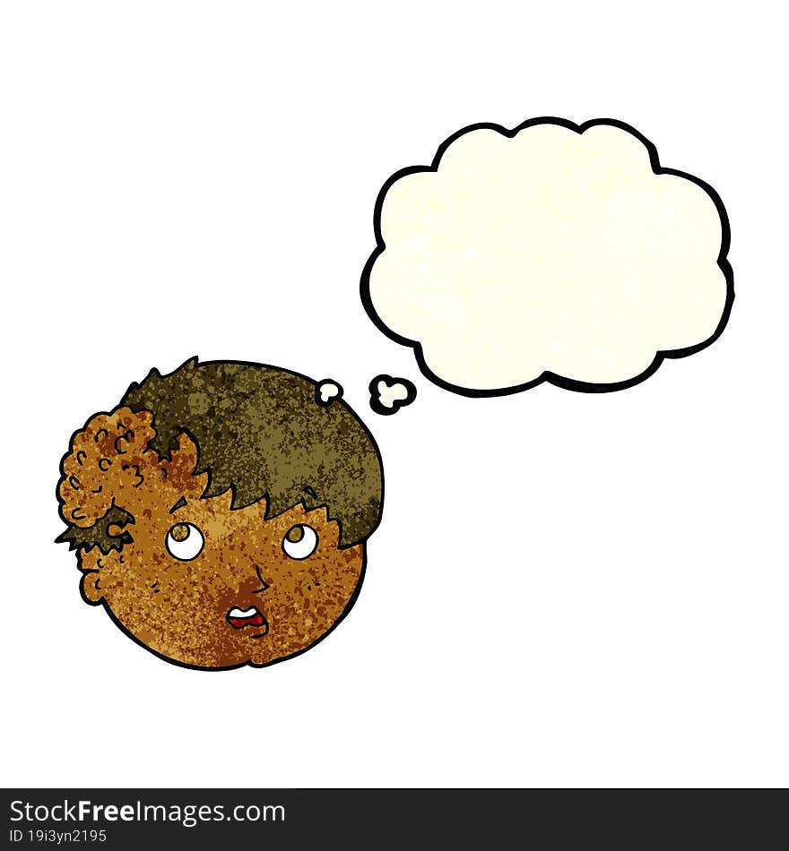 cartoon boy with ugly growth on head with thought bubble