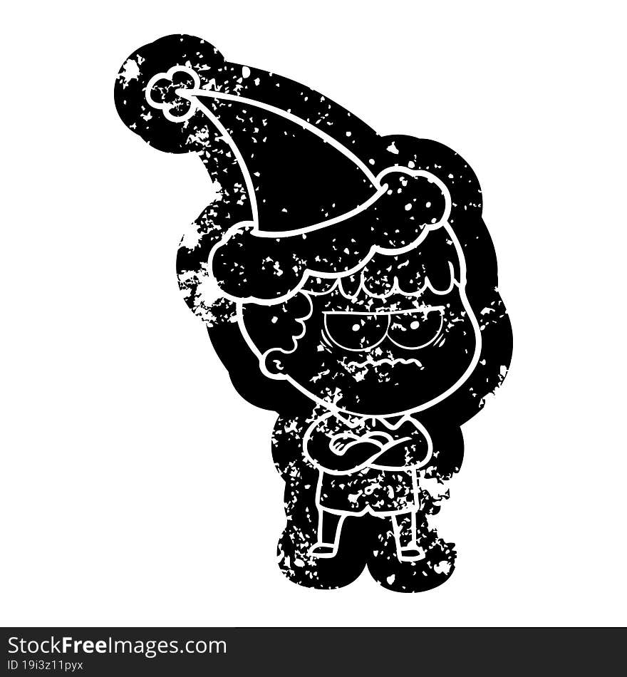 quirky cartoon distressed icon of an annoyed man wearing santa hat