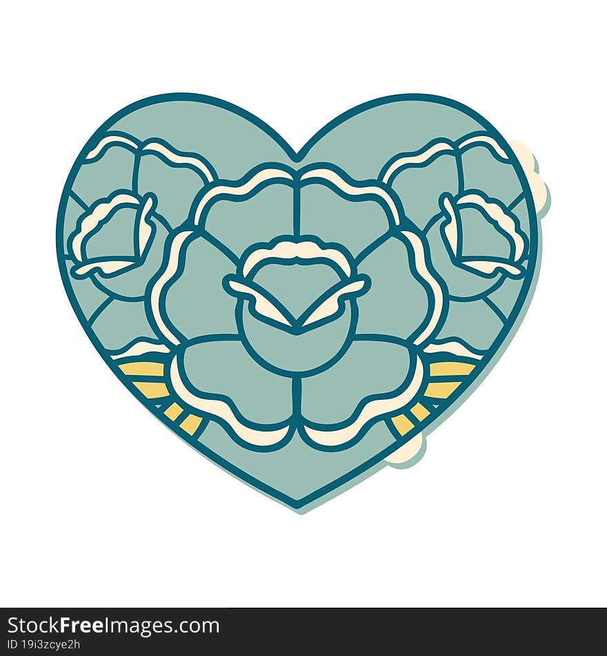 sticker of tattoo in traditional style of a heart and flowers. sticker of tattoo in traditional style of a heart and flowers