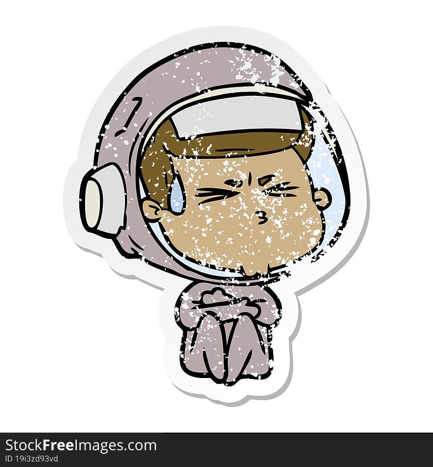 distressed sticker of a cartoon stressed astronaut