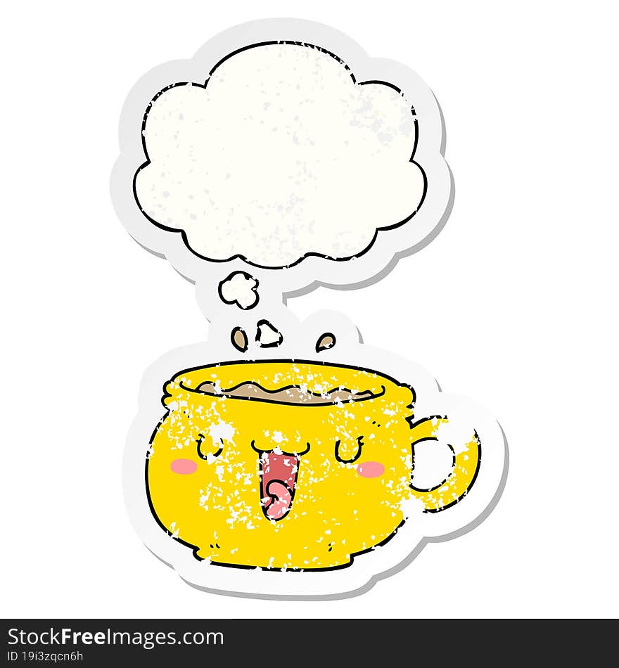 cute cartoon coffee cup and thought bubble as a distressed worn sticker