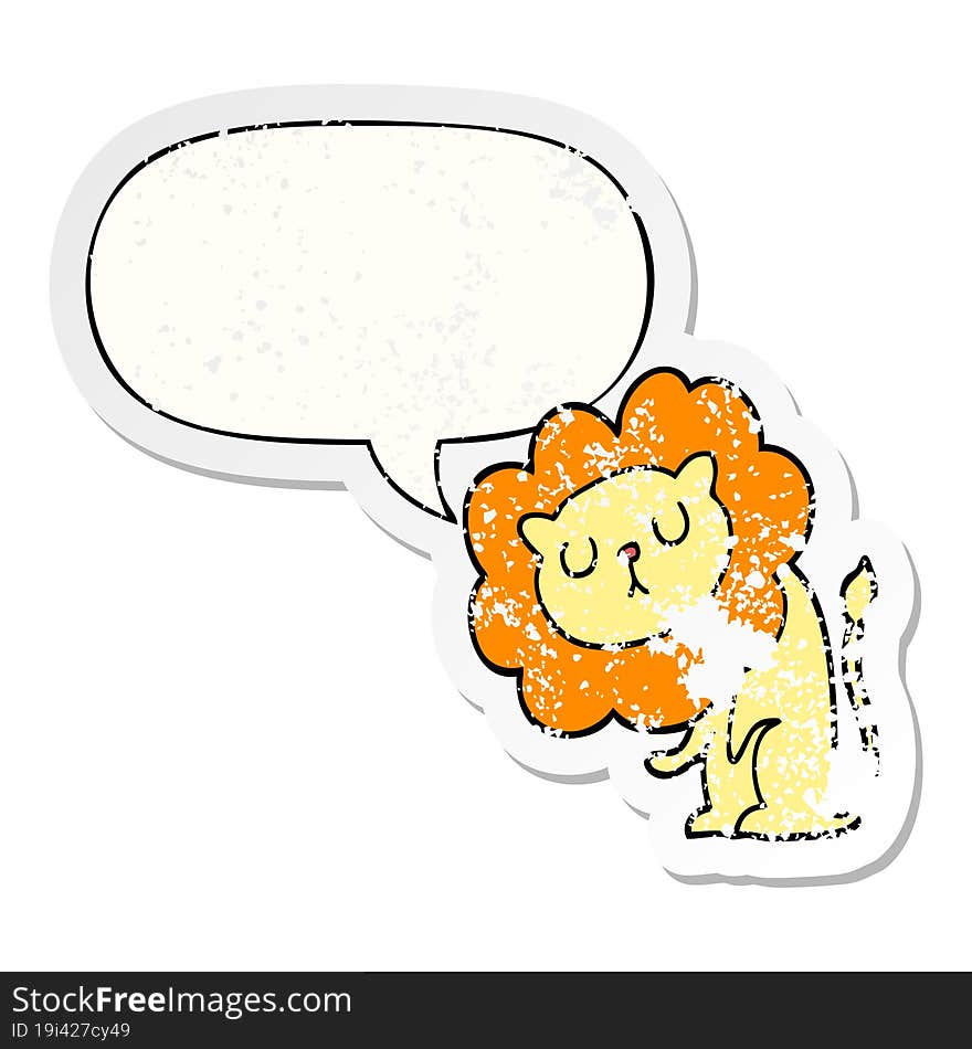 cute cartoon lion and speech bubble distressed sticker