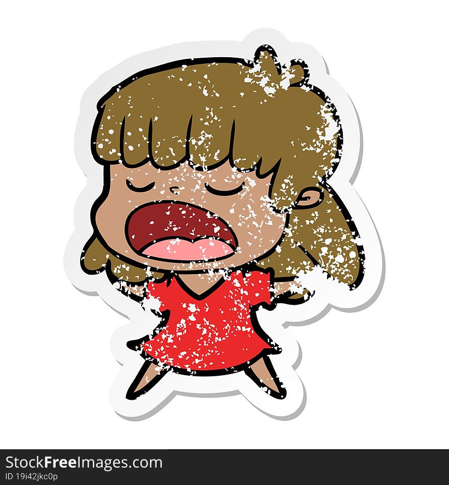 distressed sticker of a cartoon woman talking loudly