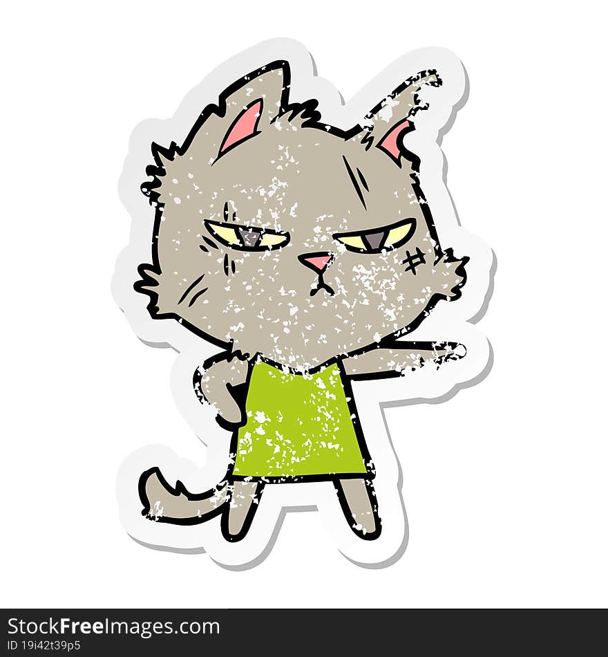 distressed sticker of a tough cartoon cat girl pointing