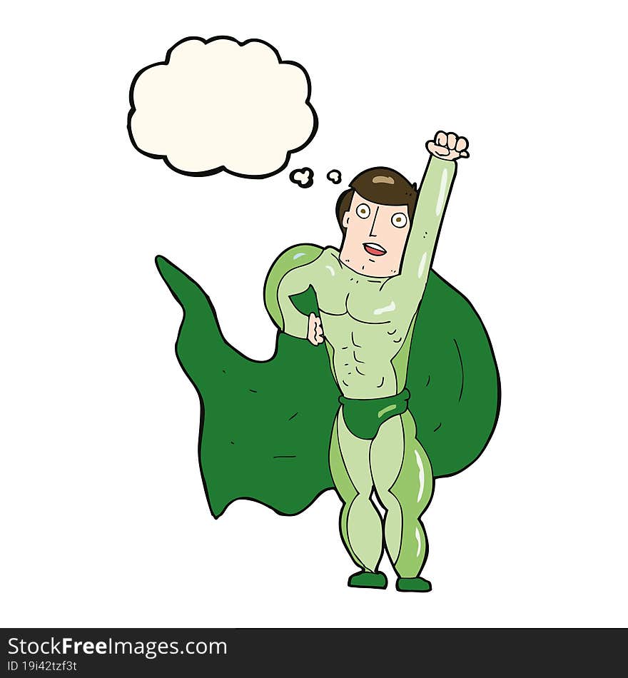 cartoon superhero with thought bubble