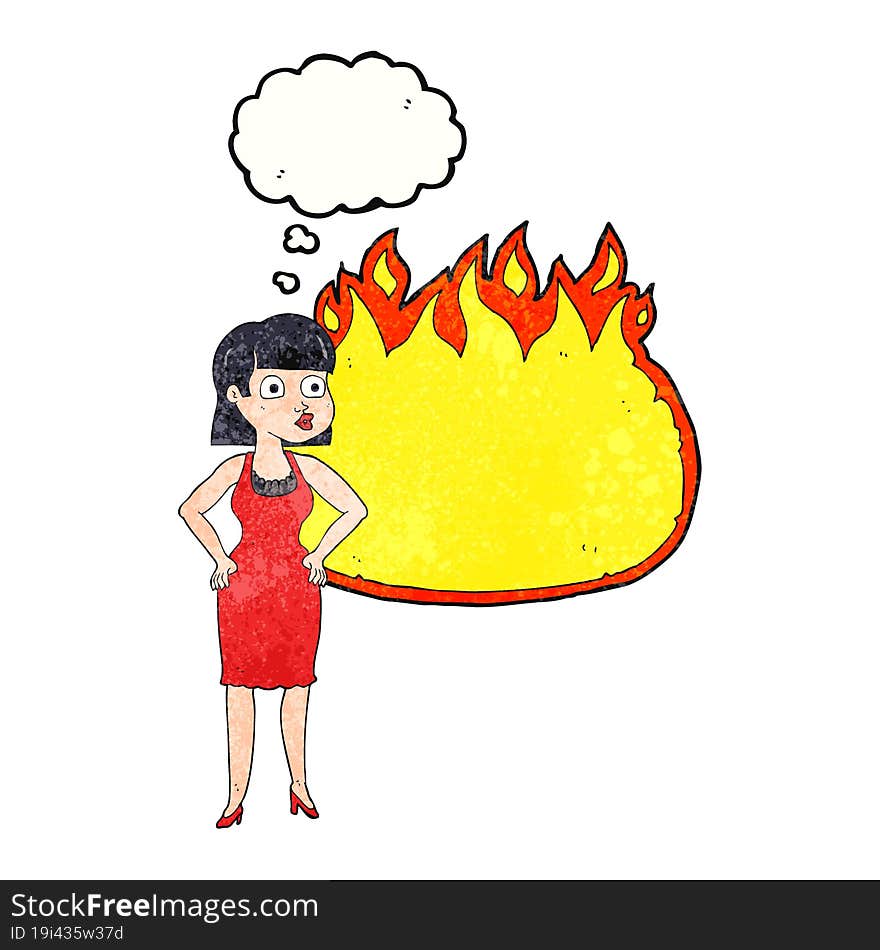 freehand drawn thought bubble textured cartoon woman in dress with hands on hips and flame banner