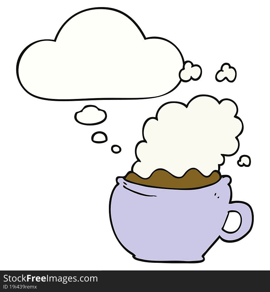 cartoon hot cup of coffee with thought bubble