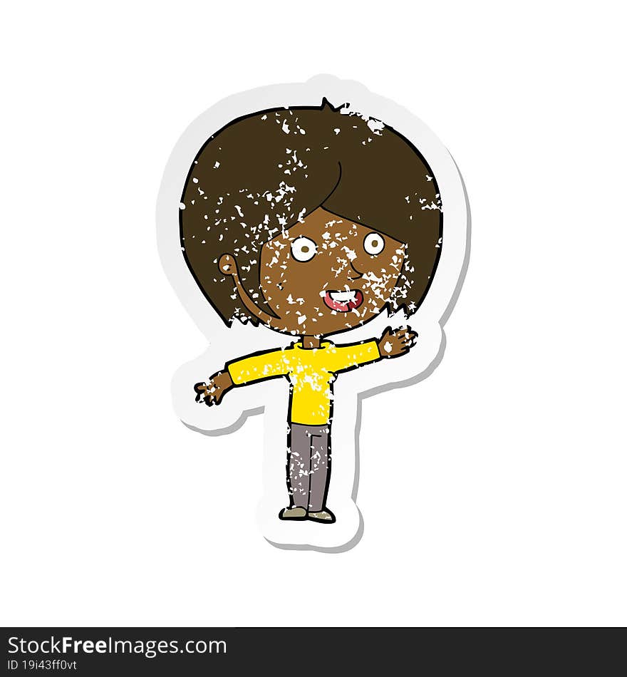 retro distressed sticker of a cartoon happy girl waving