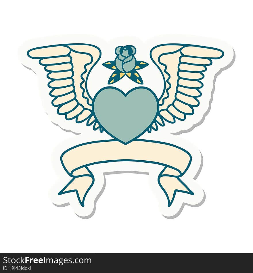 tattoo sticker with banner of a heart with wings