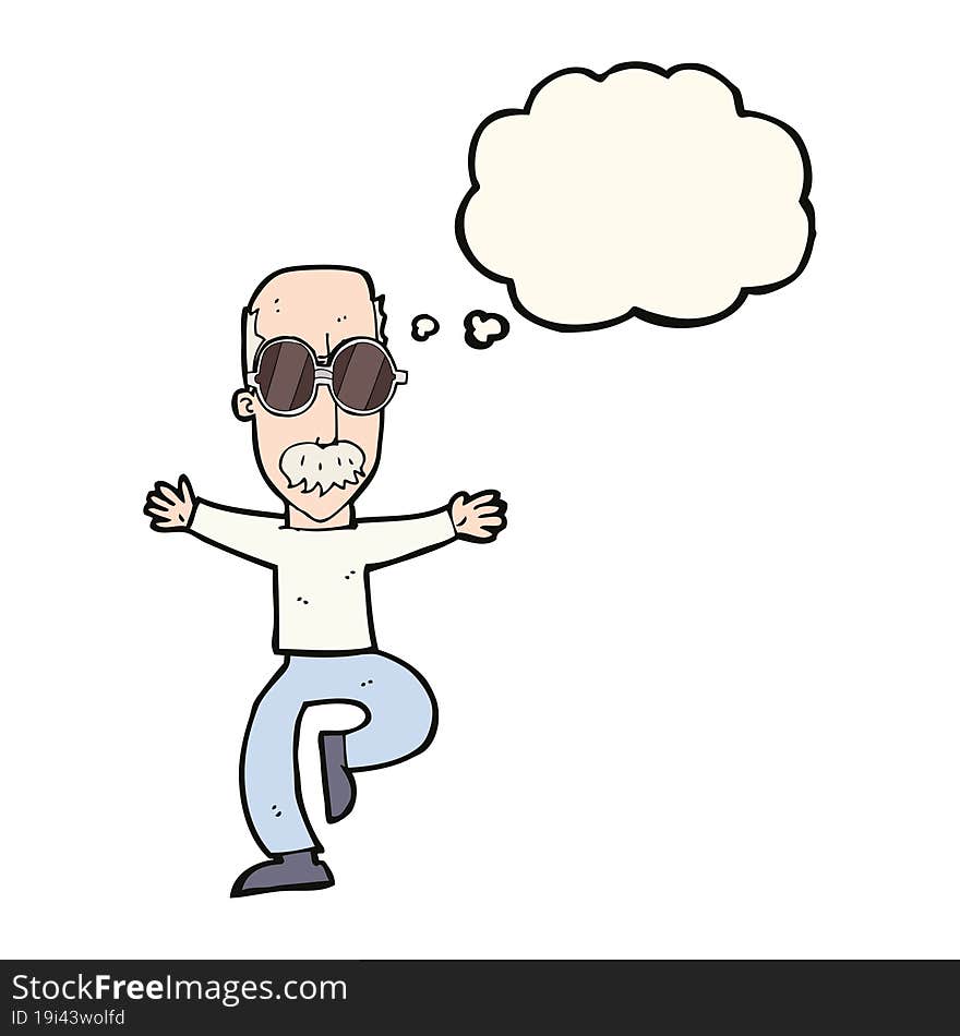 cartoon old man wearing big glasses with thought bubble