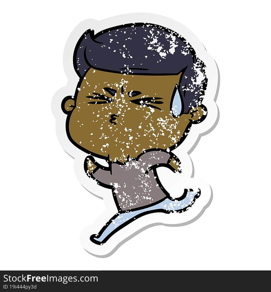 Distressed Sticker Of A Cartoon Man Sweating