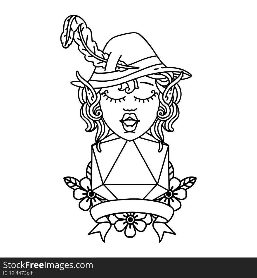 Black and White Tattoo linework Style elf bard with natural twenty dice roll. Black and White Tattoo linework Style elf bard with natural twenty dice roll