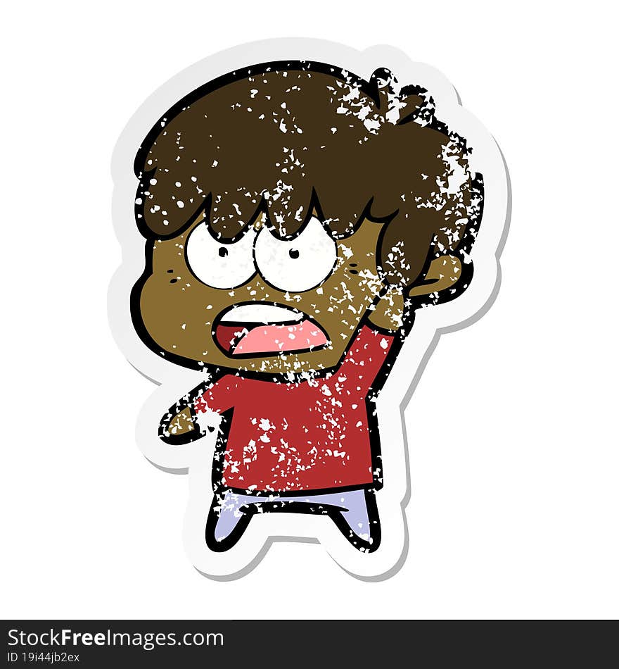 distressed sticker of a worried cartoon boy