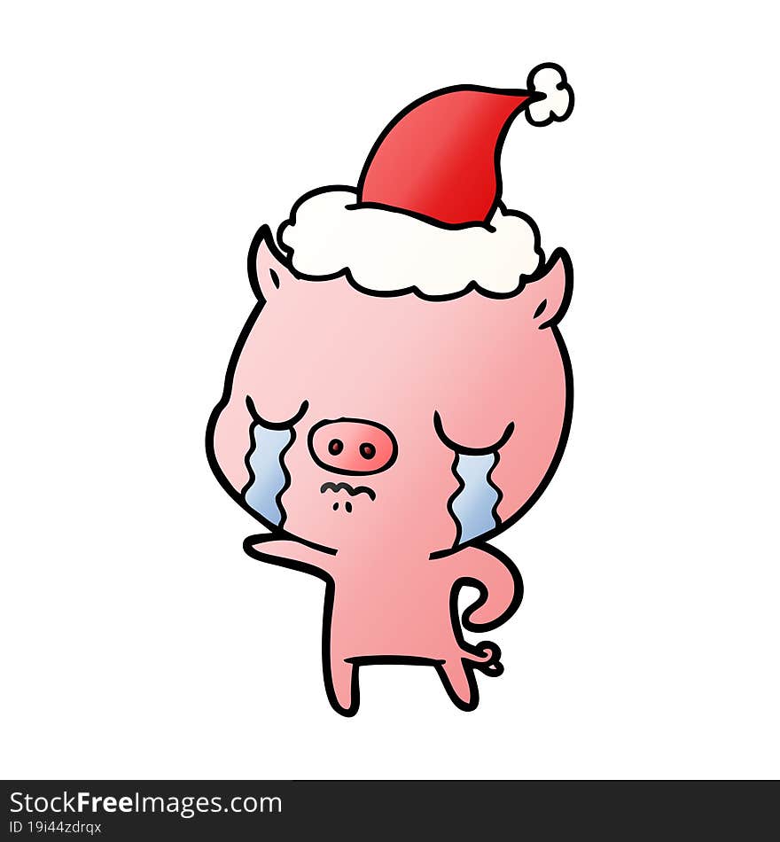 gradient cartoon of a pig crying wearing santa hat