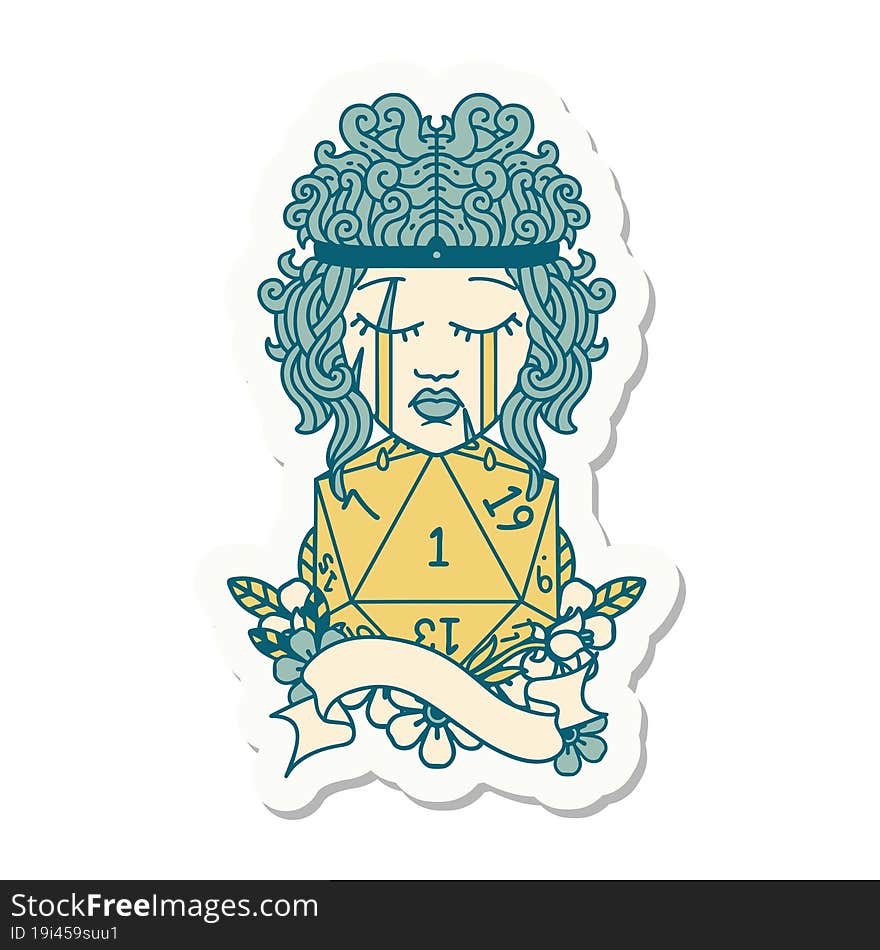 sticker of a crying human barbarian with natural one d20 roll. sticker of a crying human barbarian with natural one d20 roll