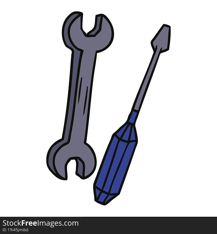 Cartoon Doodle Of A Spanner And A Screwdriver