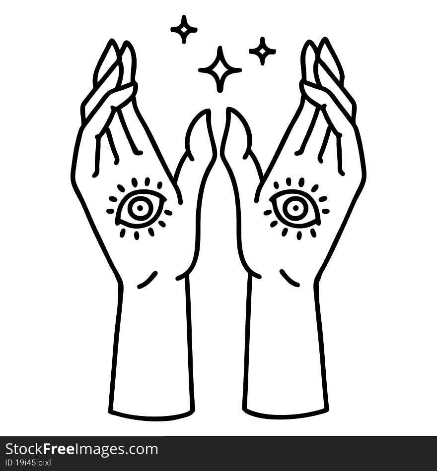 tattoo in black line style of mystic hands. tattoo in black line style of mystic hands