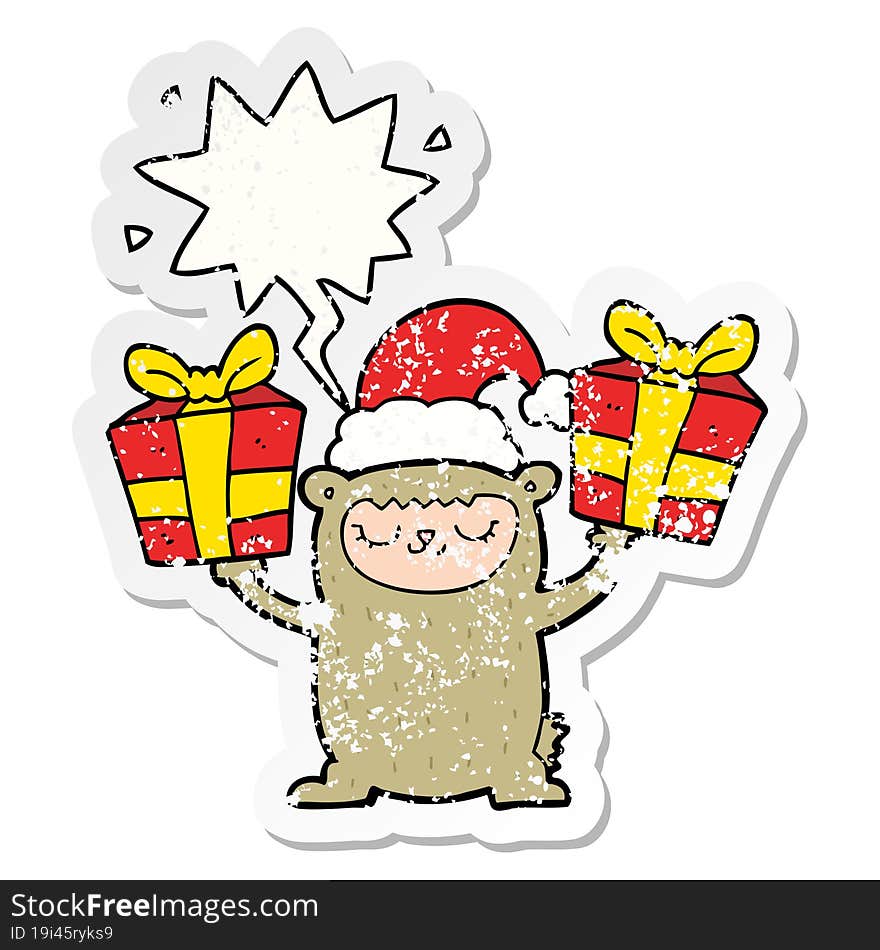 cartoon christmas bear and speech bubble distressed sticker