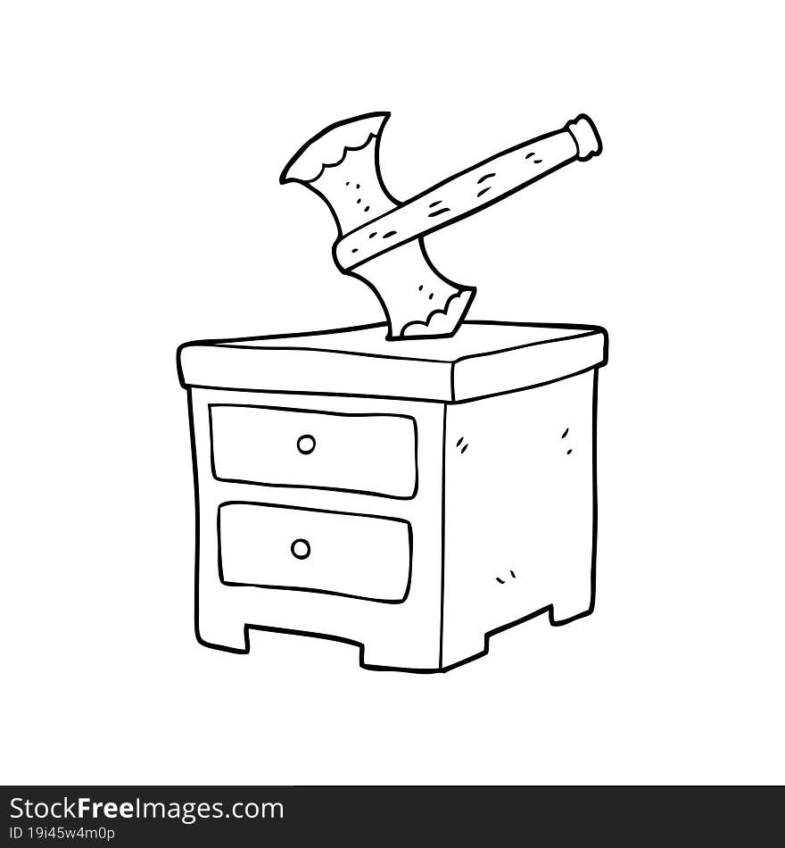 freehand drawn black and white cartoon axe buried in chest of drawers