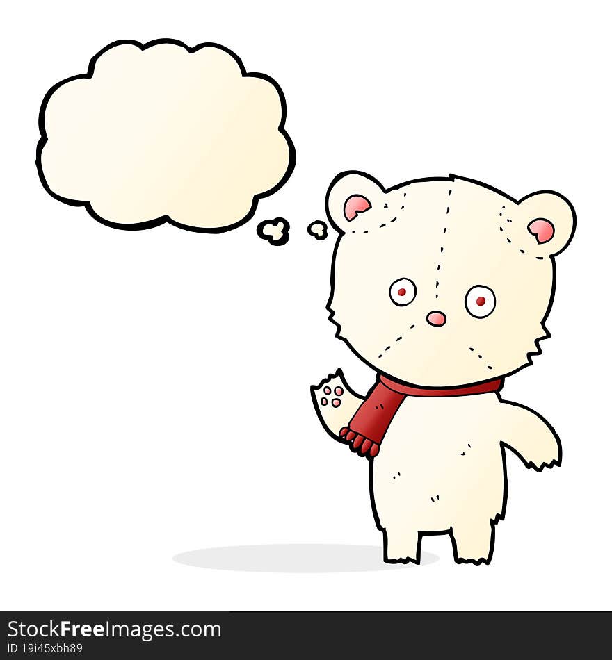 cartoon waving polar bear with thought bubble