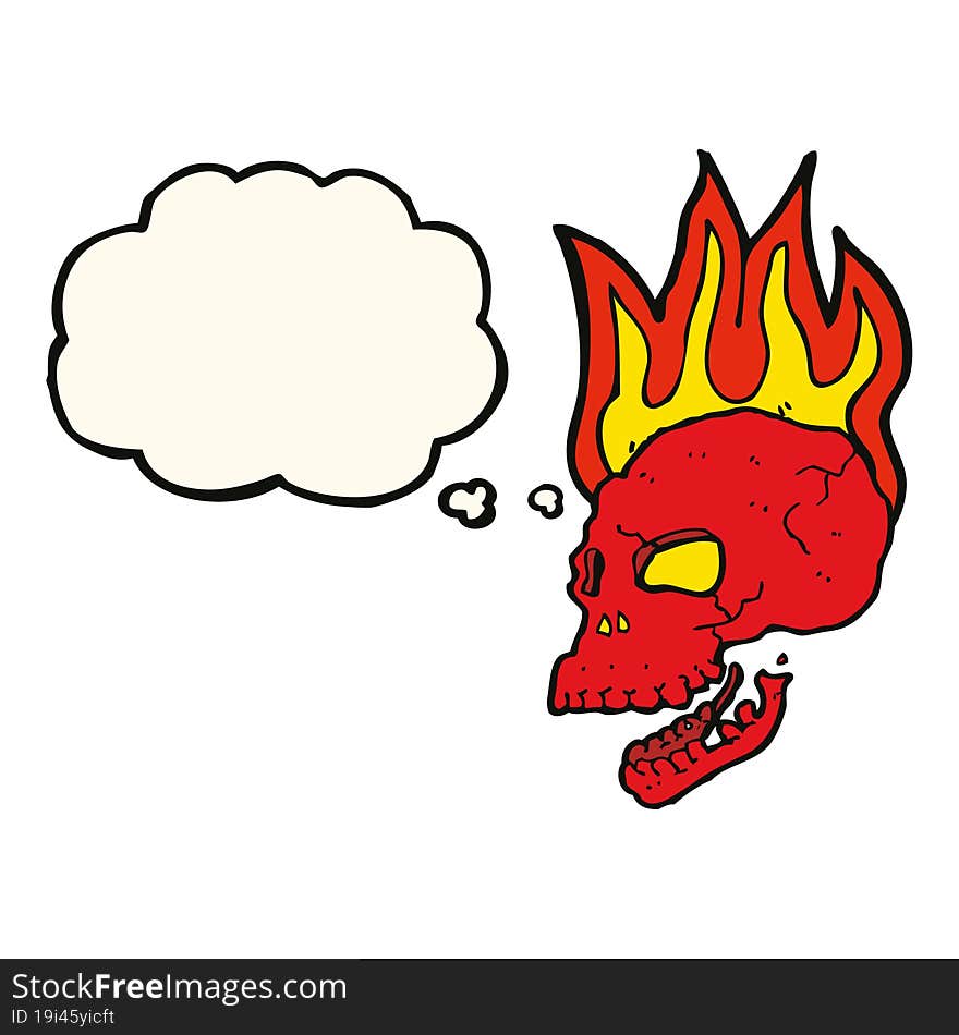 cartoon flaming skull with thought bubble