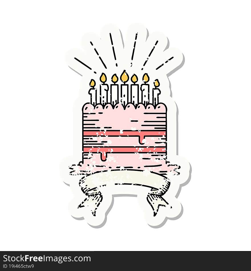 grunge sticker of tattoo style birthday cake