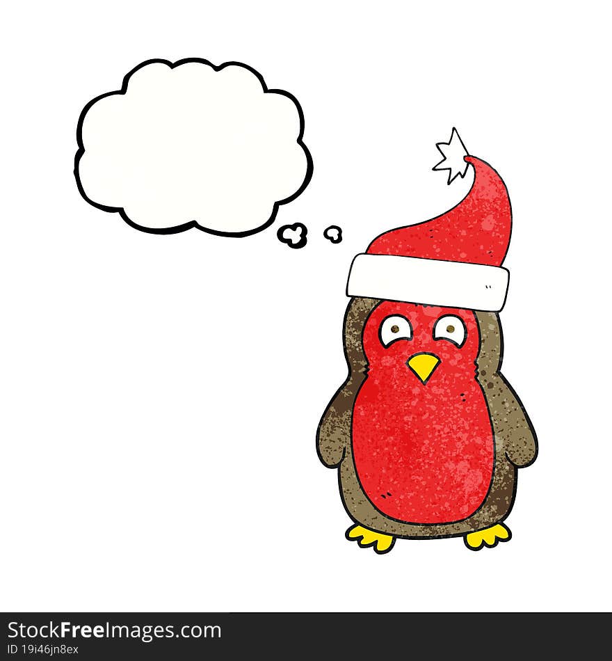 thought bubble textured cartoon christmas robin wearing santa hat