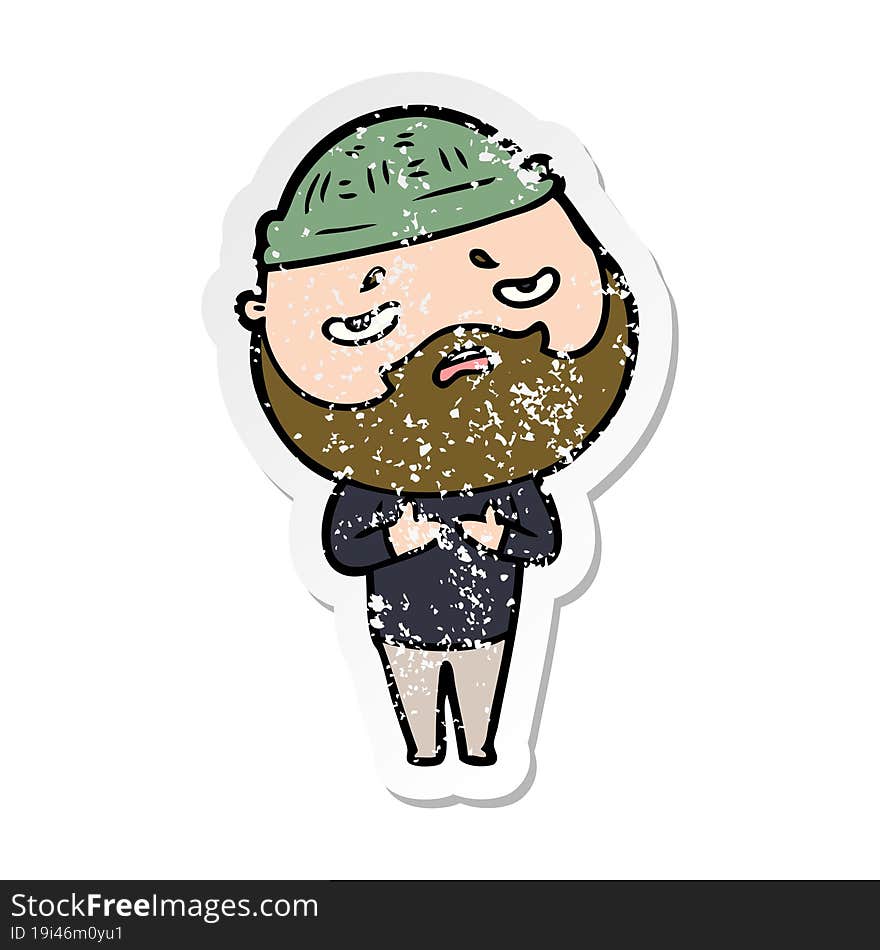 distressed sticker of a cartoon worried man with beard