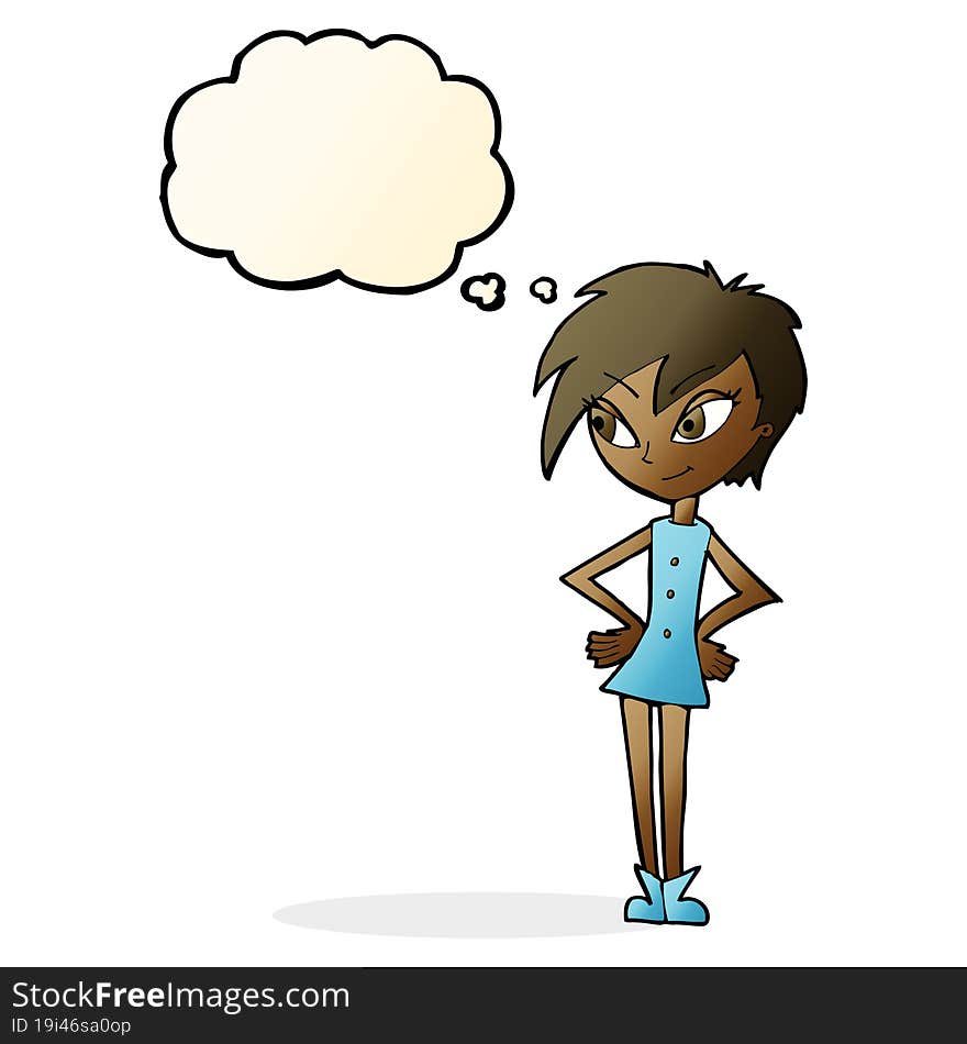 cartoon girl with hands on hips with thought bubble