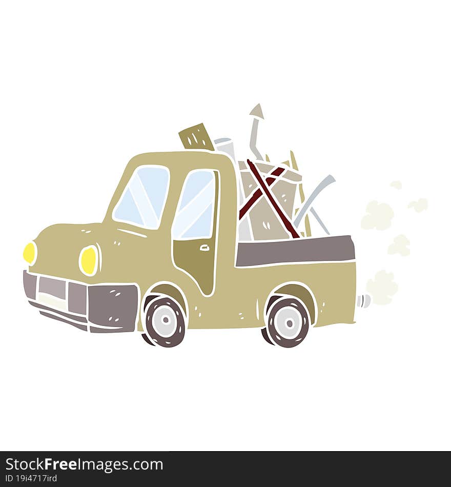 flat color style cartoon old truck full of junk